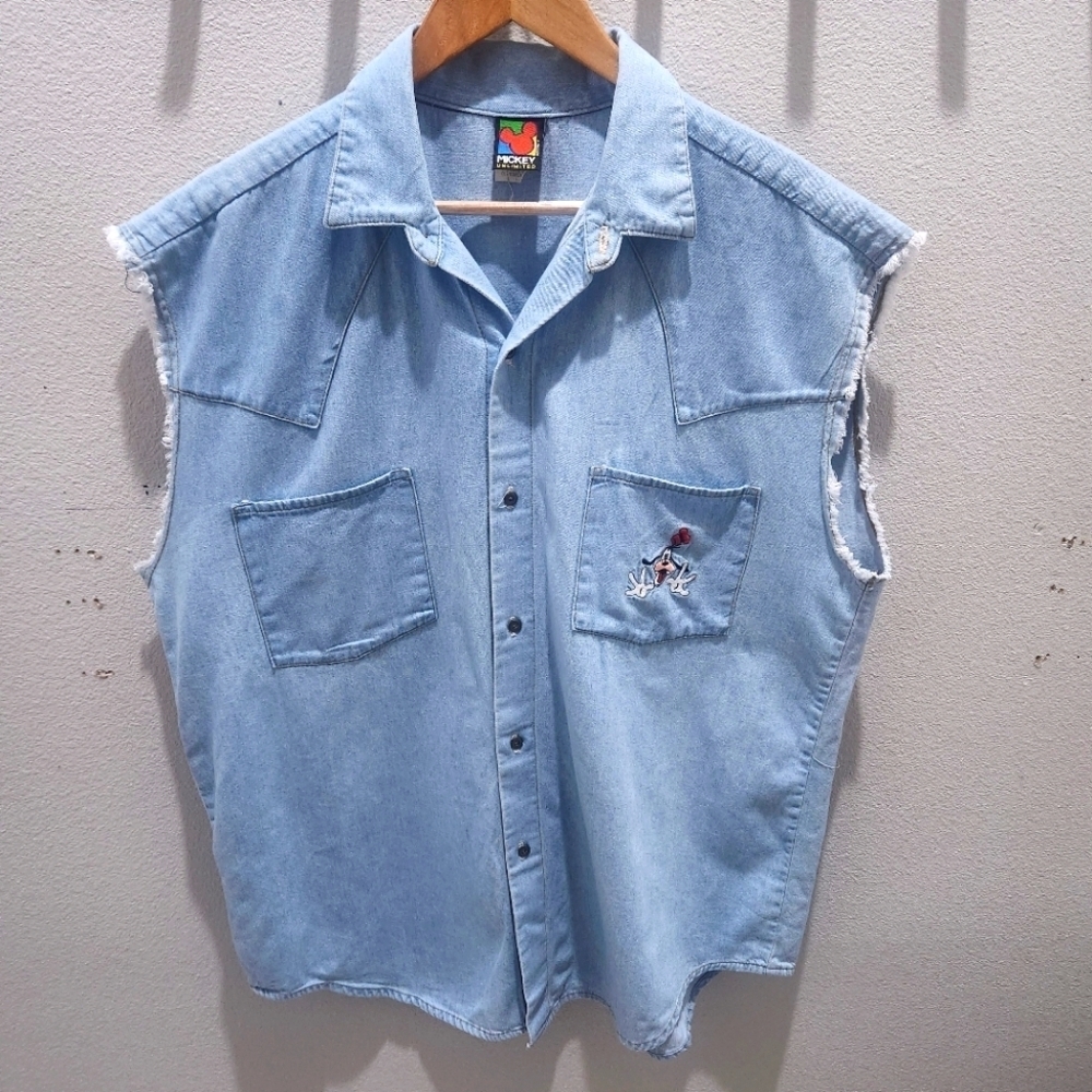 Disney Mickey Unlimited Western‎ Denim Embroidered XL Sleeveless 90s Vintage